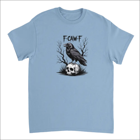 Light blue Gothic Raven Skull F-Caw-F t-shirt with crow on skull graphic