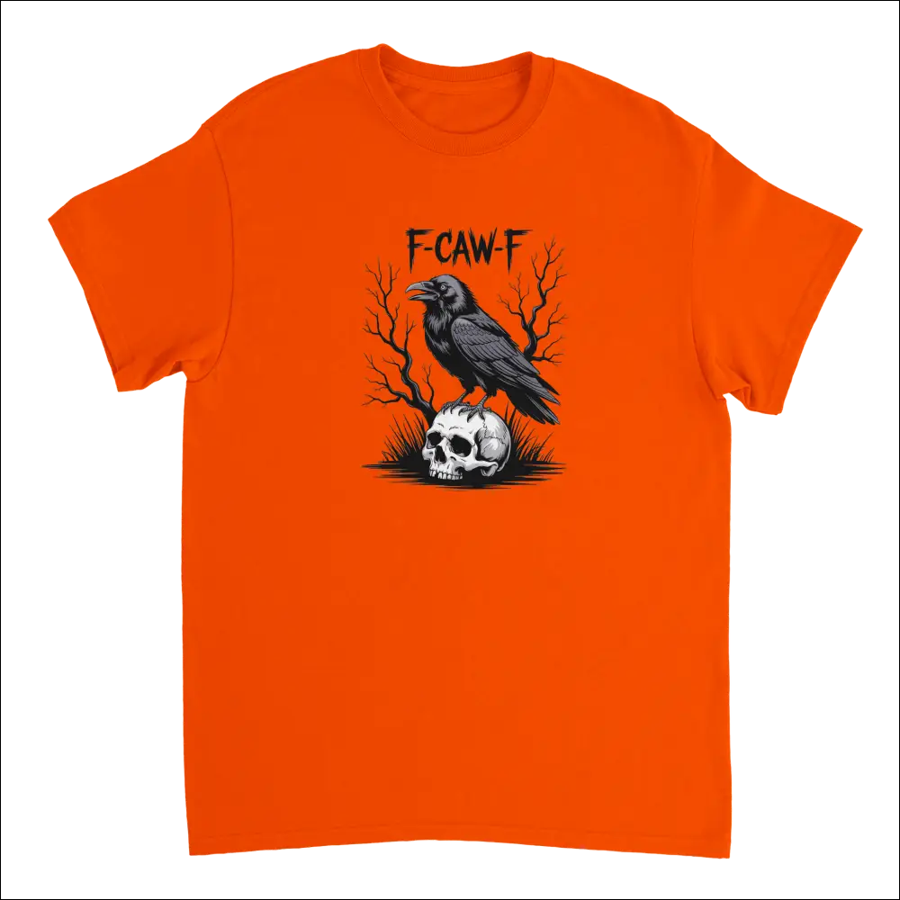 Gothic raven skull f-caw-f t-shirt in bright orange heavyweight cotton