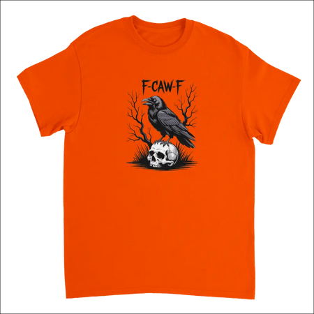Gothic raven skull f-caw-f t-shirt in bright orange heavyweight cotton