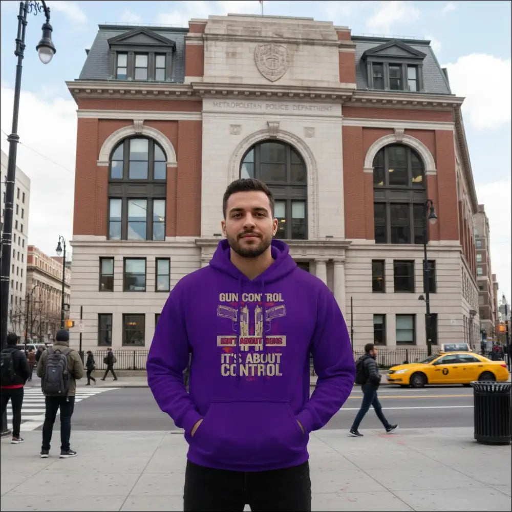 Purple unisex hoodie with gun control graphic and text