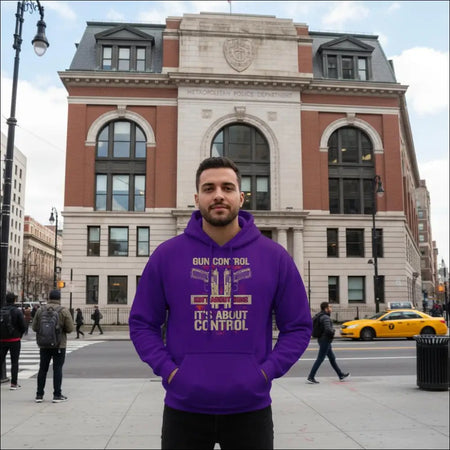 Purple unisex hoodie with gun control graphic and text