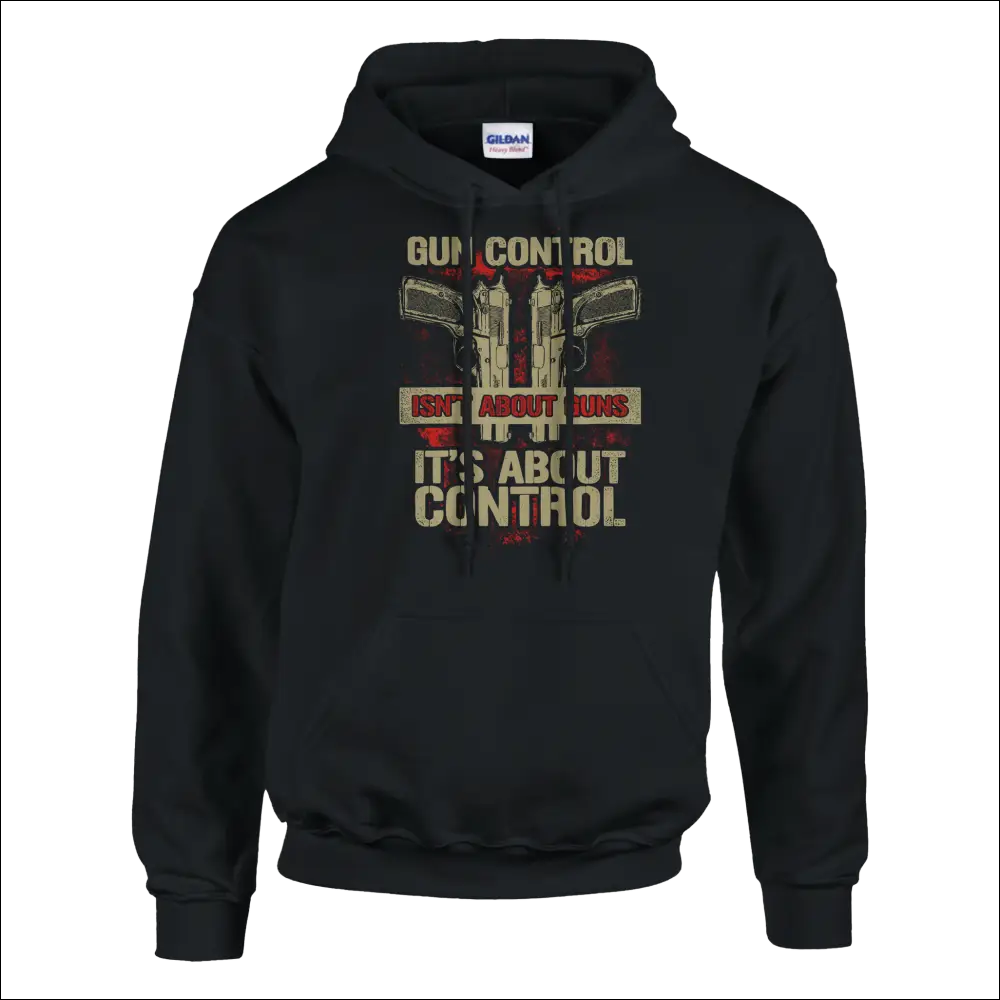 Black Gildan unisex hoodie with pistols graphic and gun control text