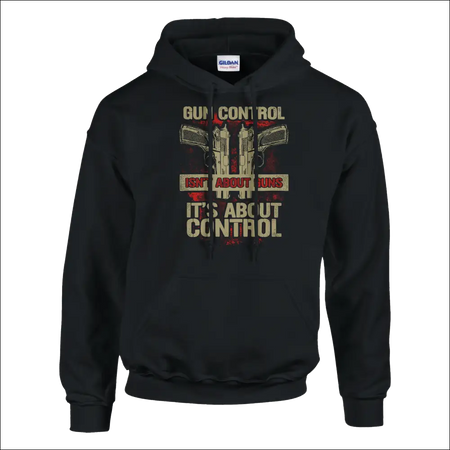 Black Gildan unisex hoodie with pistols graphic and gun control text