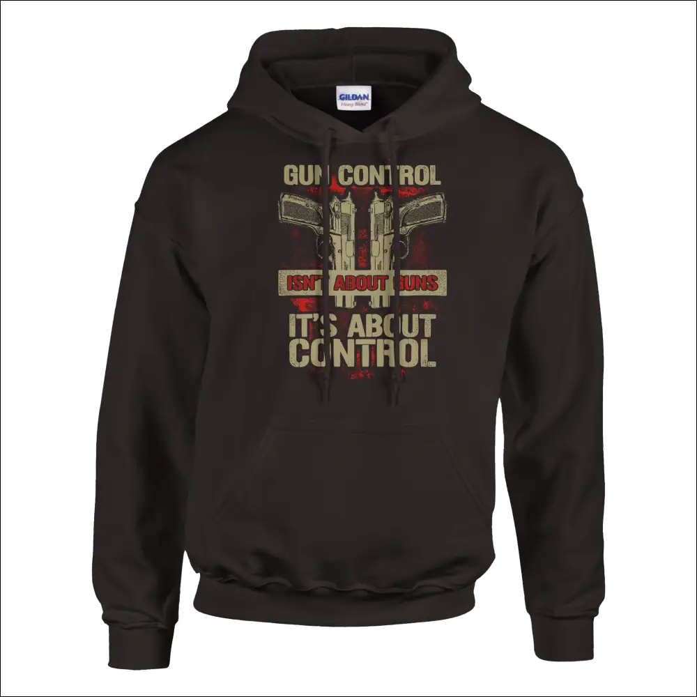 Black Gildan unisex hoodie with three pistols graphic and vintage text: Gun control isnt about guns its about control