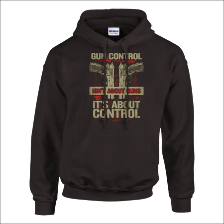 Black Gildan unisex hoodie with three pistols graphic and vintage text: Gun control isnt about guns its about control