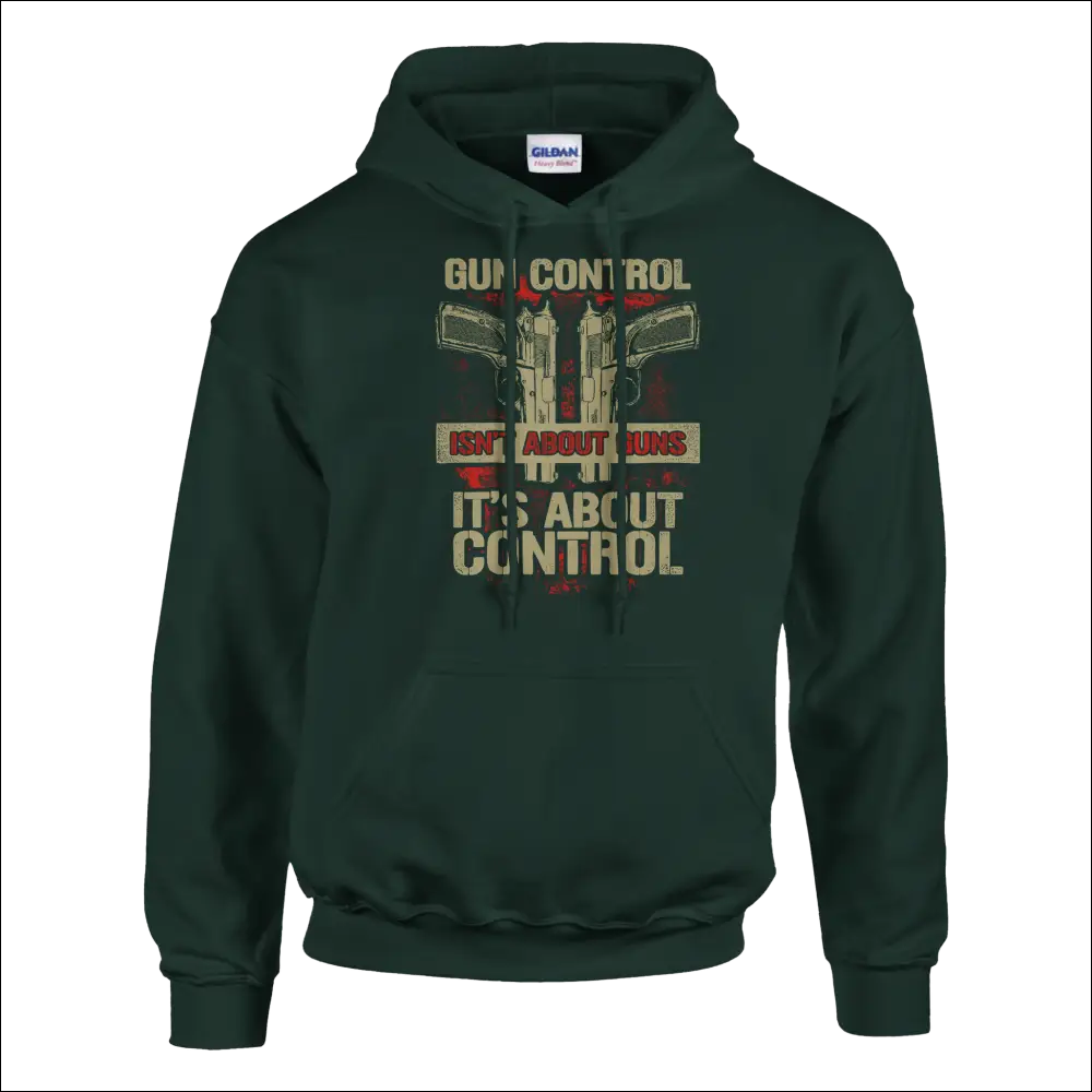 Dark green Gildan unisex hoodie with gun control slogan graphic
