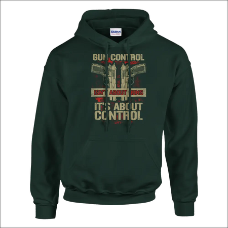 Dark green Gildan unisex hoodie with gun control slogan graphic