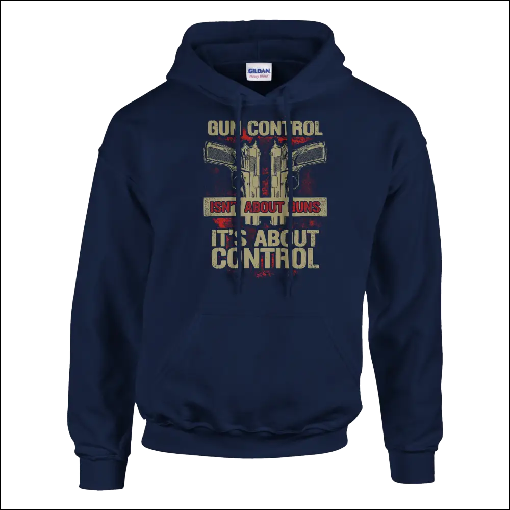 Navy blue Gildan unisex hoodie with distressed gun control graphic
