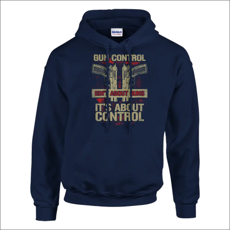 Navy blue Gildan unisex hoodie with distressed gun control graphic