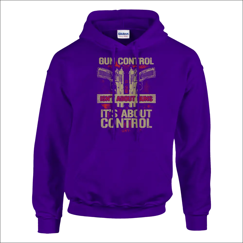 Purple Gildan unisex hoodie with gun control pistols graphic