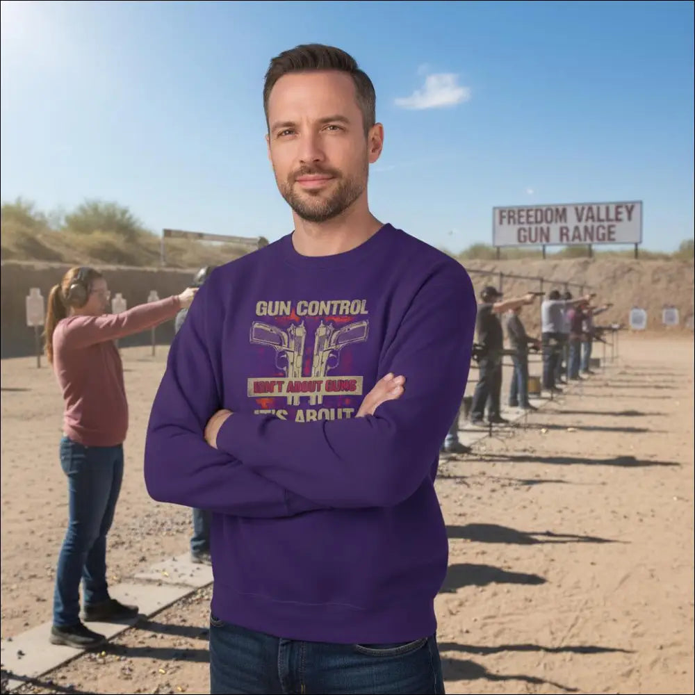 Purple unisex sweatshirt with gun control pistols graphic print