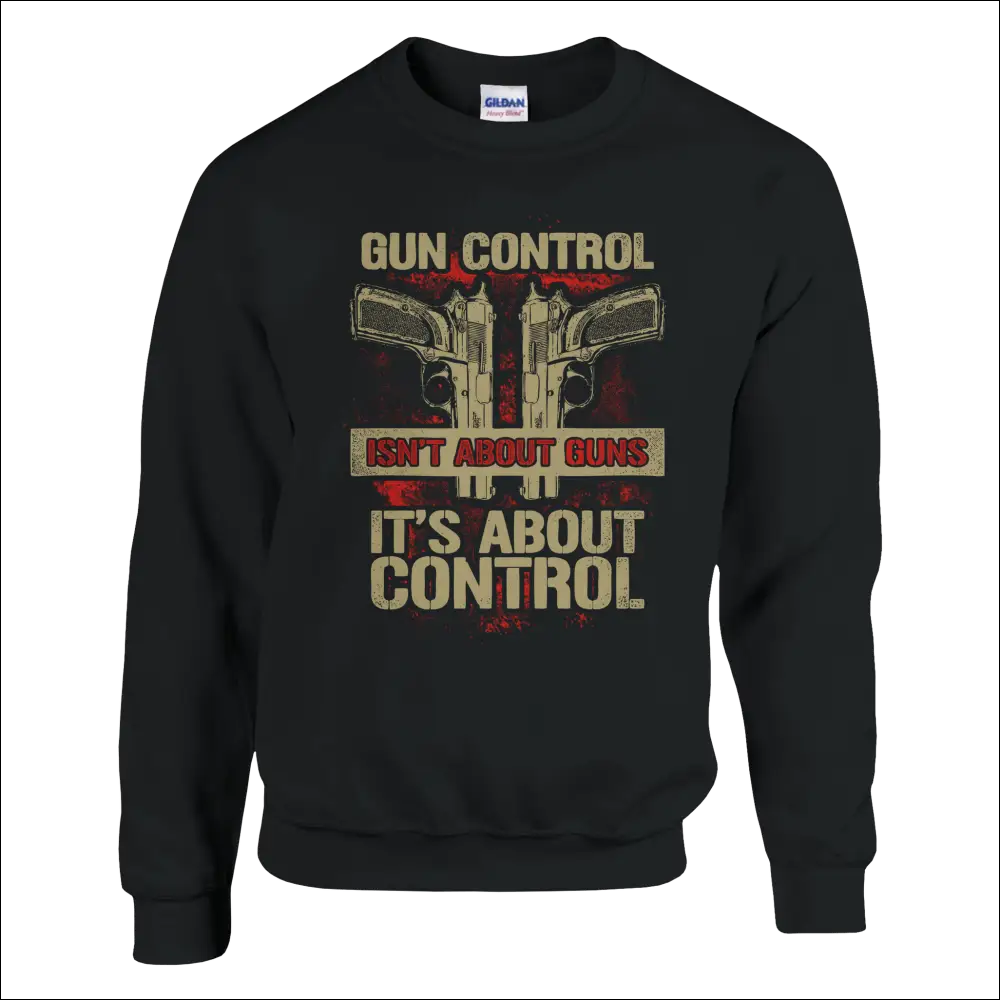 Black Gildan unisex sweatshirt with distressed pistols and gun control text graphic