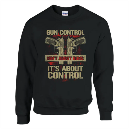 Black Gildan unisex sweatshirt with distressed pistols and gun control text graphic