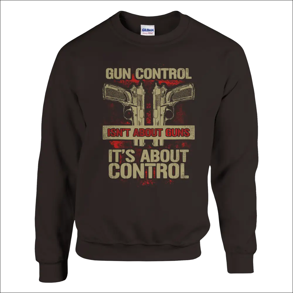 Black Gildan unisex sweatshirt with pistols graphic and Gun Control Isn’t About Guns text in distressed beige and red