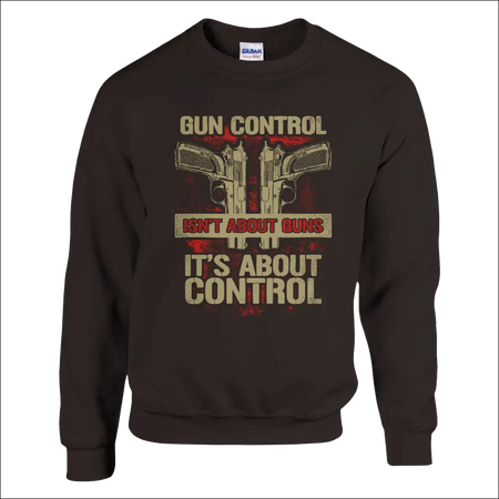 Black Gildan unisex sweatshirt with pistols graphic and Gun Control Isn’t About Guns text in distressed beige and red