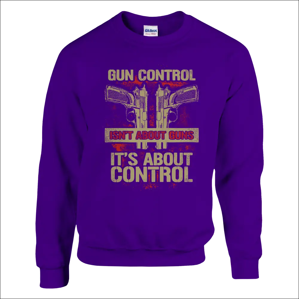 Purple Gildan unisex sweatshirt with gun control isnt about guns graphic