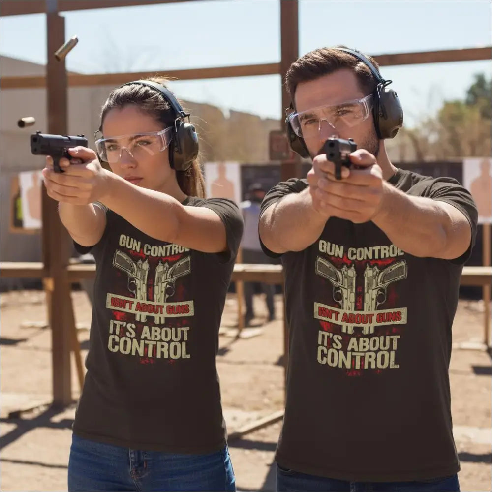 Black unisex t-shirt with gun control pistols graphic