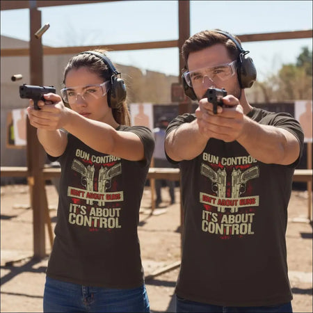 Black unisex t-shirt with gun control pistols graphic