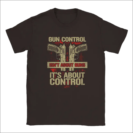 Black unisex t-shirt with pistols graphic and gun control isnt about guns text