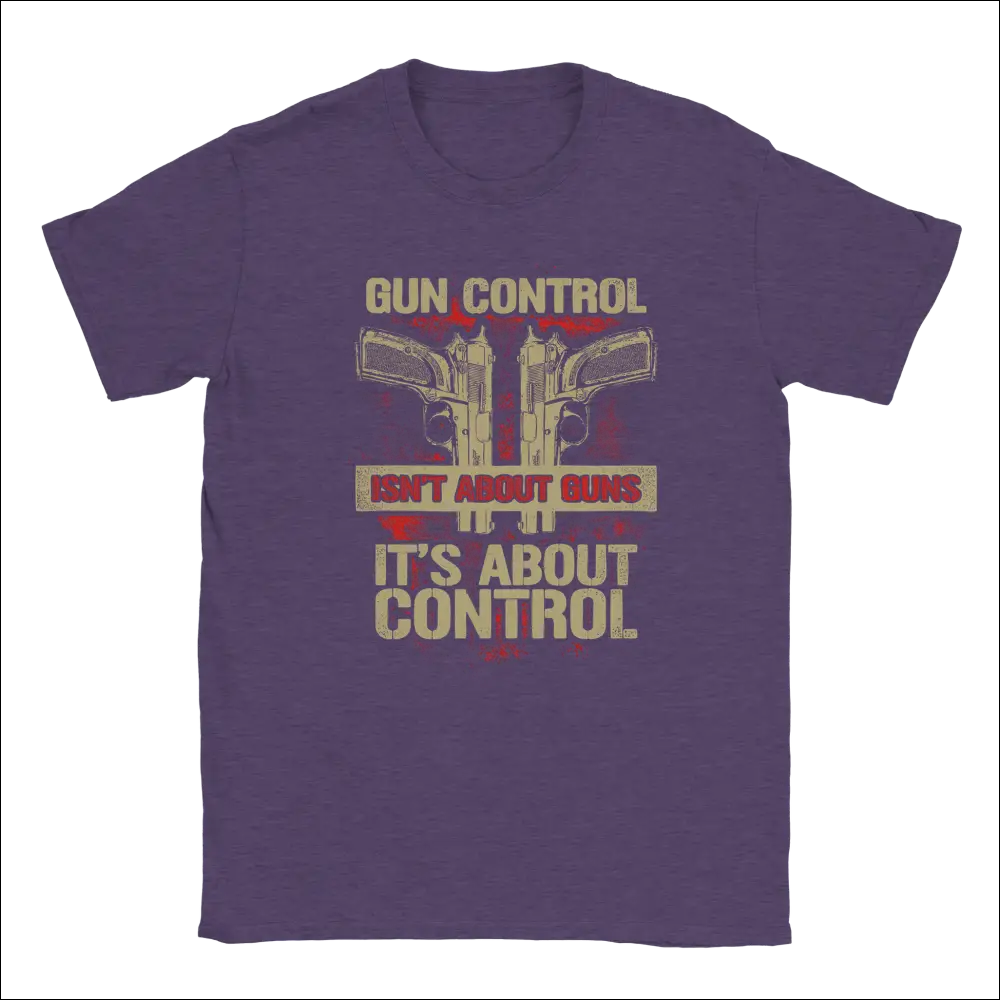 Purple unisex t-shirt with crossed pistols and gun control text graphic
