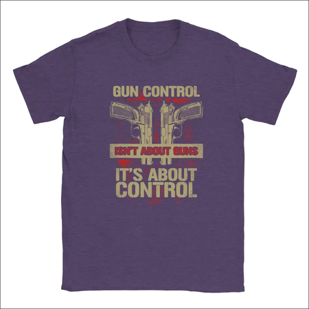 Purple unisex t-shirt with crossed pistols and gun control text graphic