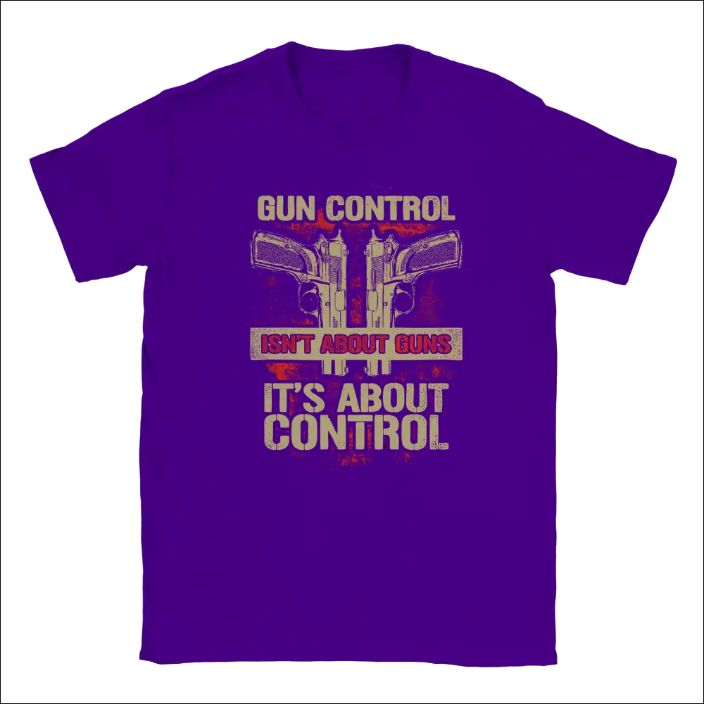 Purple unisex t-shirt with pistols graphic and Gun Control Isn’t About Guns text