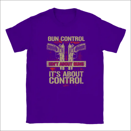 Purple unisex t-shirt with pistols graphic and Gun Control Isn’t About Guns text