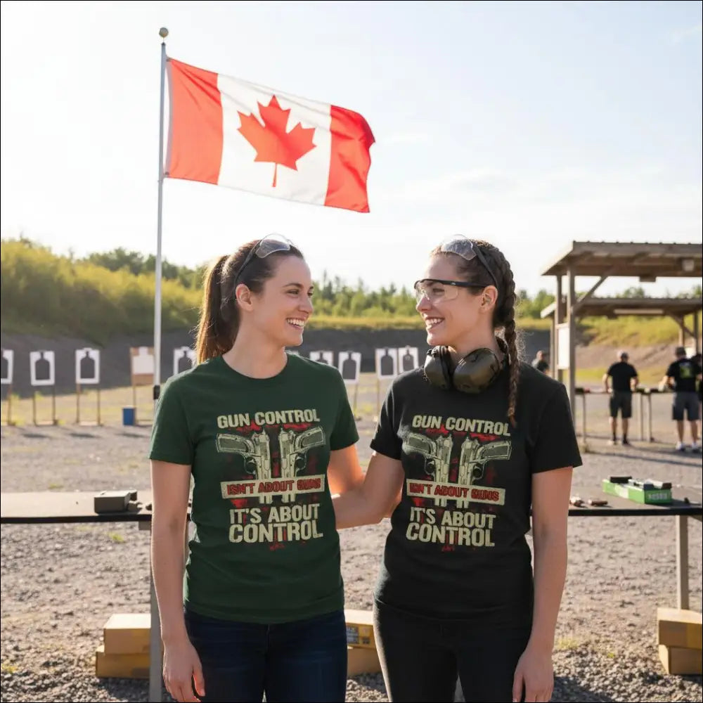 Two women in matching Gun Control t-shirts with pistol graphic