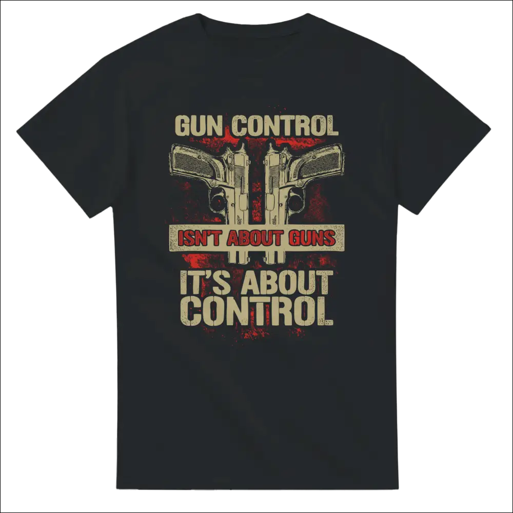 Black unisex cotton t-shirt with distressed pistols and gun control text graphic