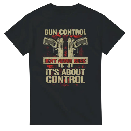 Black unisex cotton t-shirt with distressed pistols and gun control text graphic