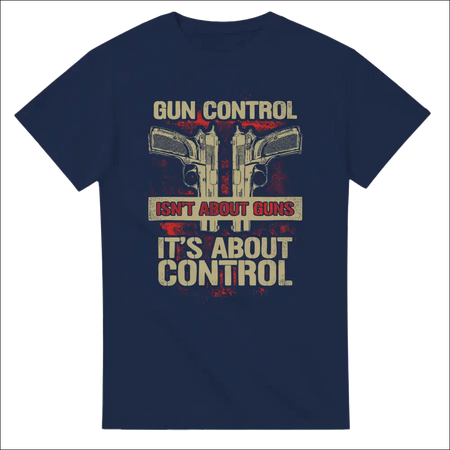 Navy blue unisex t-shirt with distressed pistols graphic and gun control isnt about guns its about control text