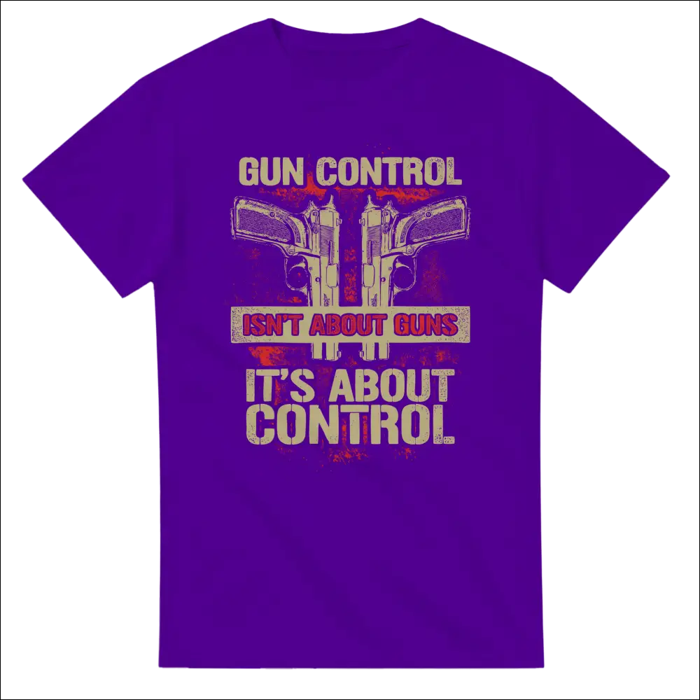 Purple unisex cotton t-shirt with gun control slogan graphic