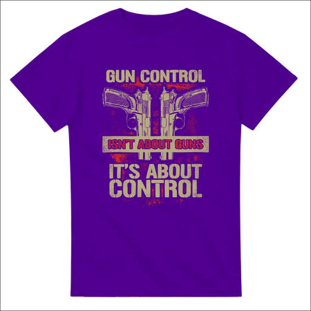 Purple unisex cotton t-shirt with gun control slogan graphic
