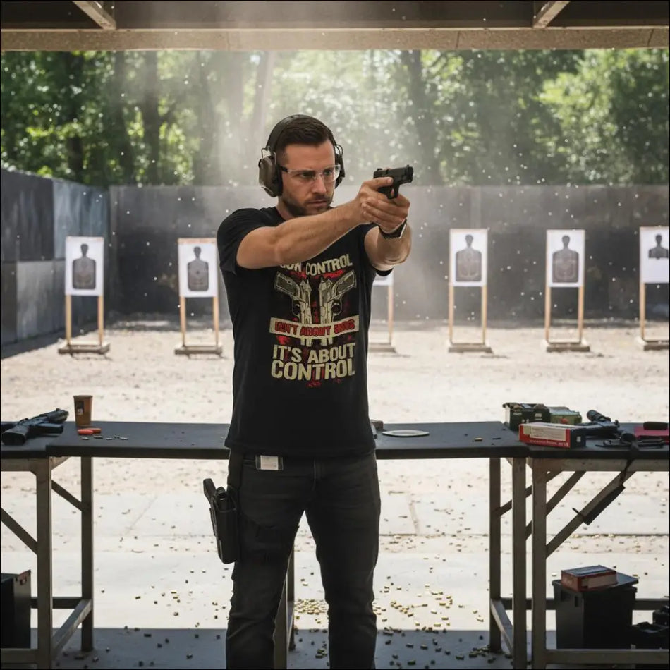 Black unisex t-shirt with pistols graphic and its about control text