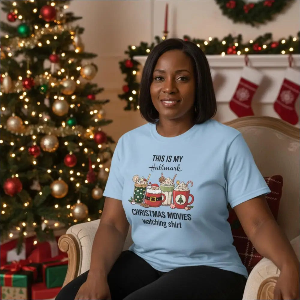 Light blue Hallmark Christmas movies t-shirt with festive graphic