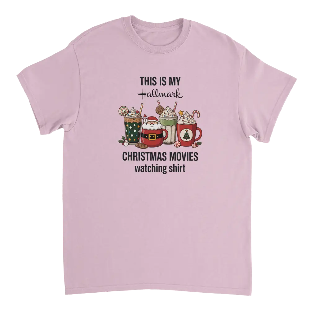 Soft pink short-sleeved Hallmark Christmas movies t-shirt with festive drinks graphic