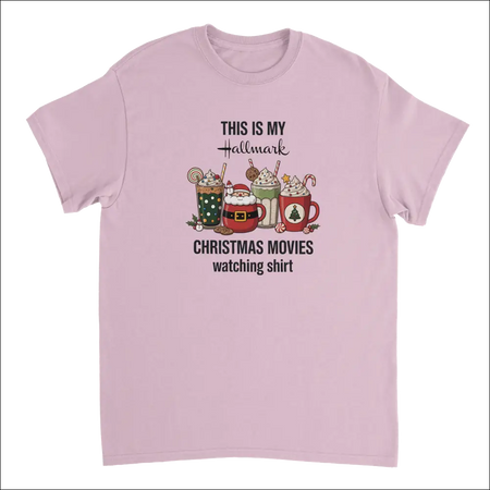 Soft pink short-sleeved Hallmark Christmas movies t-shirt with festive drinks graphic