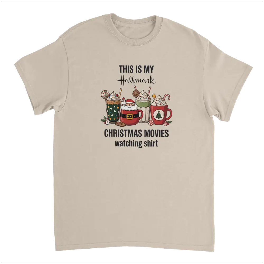 Beige short-sleeved Hallmark Christmas movies t-shirt with festive drinks graphic