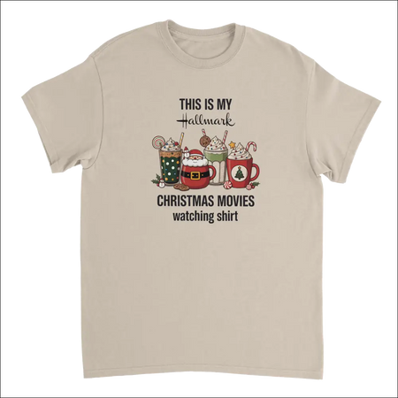Beige short-sleeved Hallmark Christmas movies t-shirt with festive drinks graphic