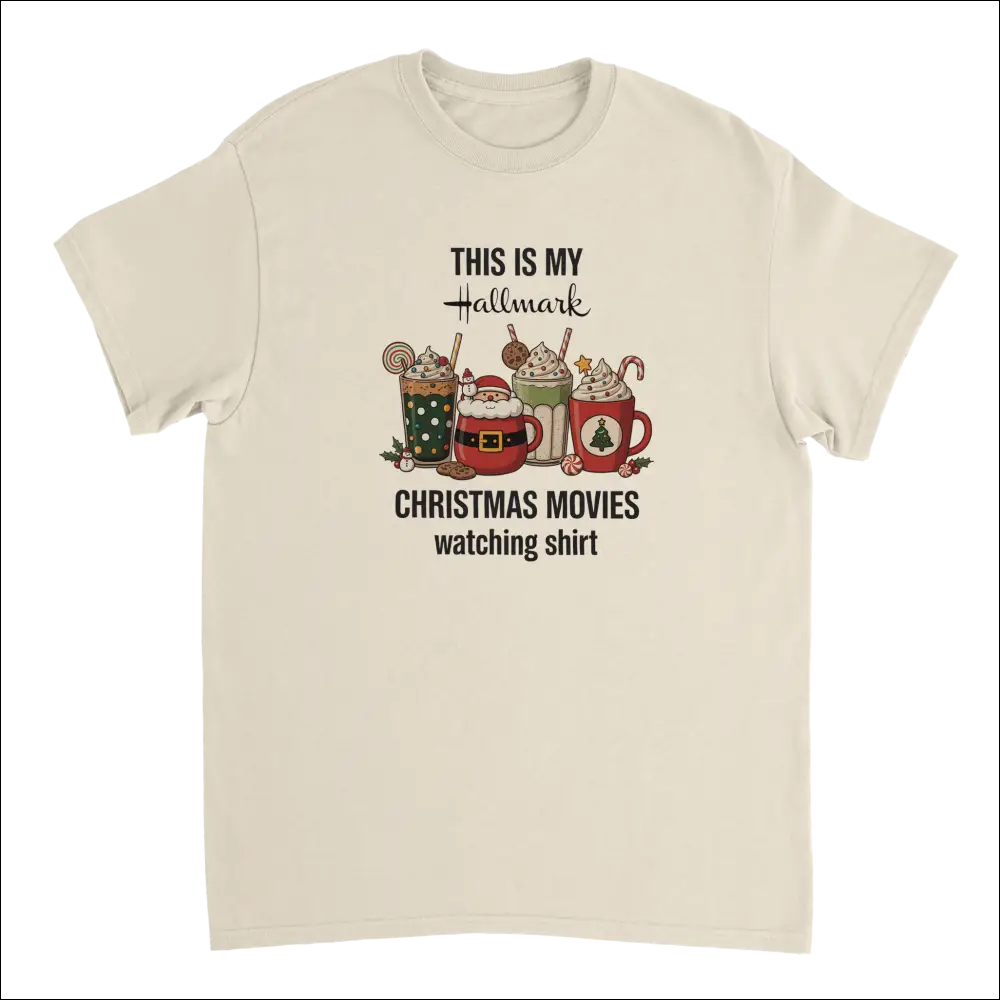 Cream-colored Hallmark Christmas Movies T-Shirt with festive drinks graphic