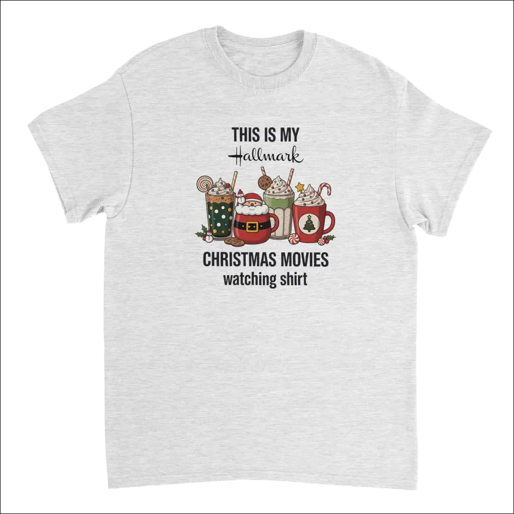 White cotton Hallmark Christmas Movies T-shirt with festive mugs graphic