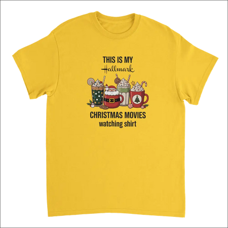 Bright yellow Hallmark Christmas movies t-shirt with festive drinks graphic
