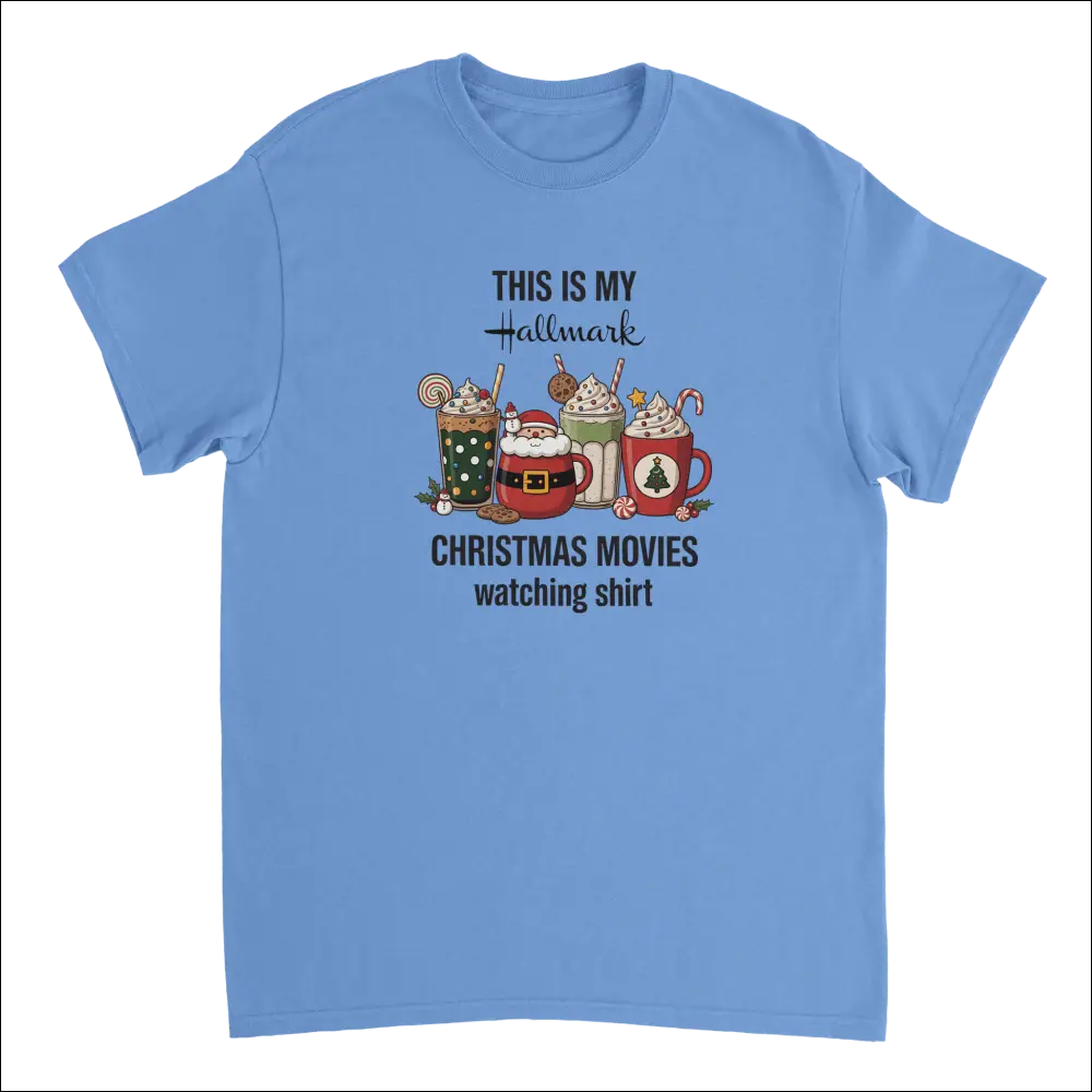 Light blue Hallmark Christmas movies t-shirt with festive drinks graphic