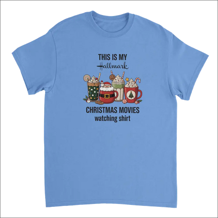Light blue Hallmark Christmas movies t-shirt with festive drinks graphic