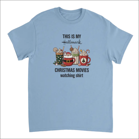 Light blue Hallmark Christmas movies t-shirt with festive drinks graphic