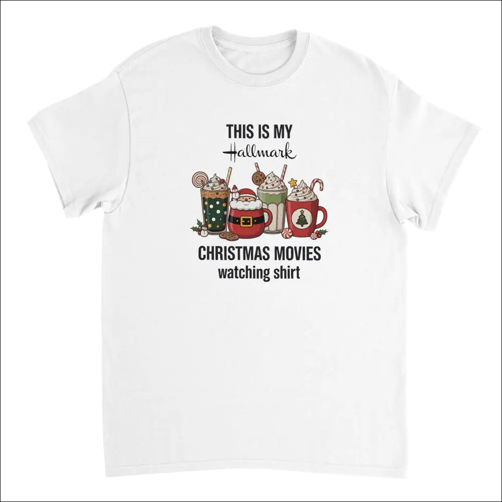 White cotton Hallmark Christmas movies t-shirt with festive drinks graphic