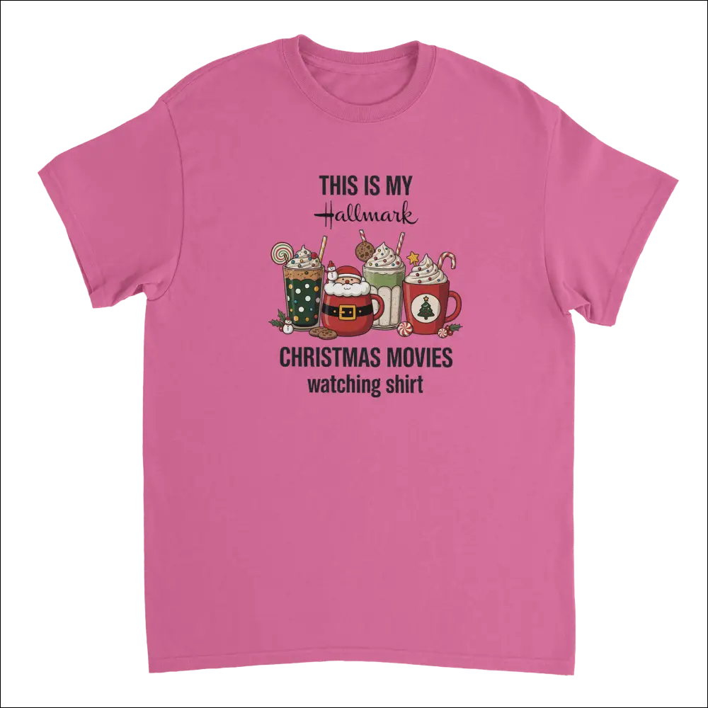 Pink short-sleeved Hallmark Christmas movies t-shirt with festive drinks graphic