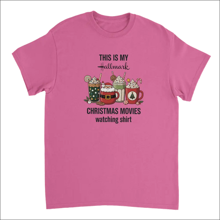 Pink short-sleeved Hallmark Christmas movies t-shirt with festive drinks graphic