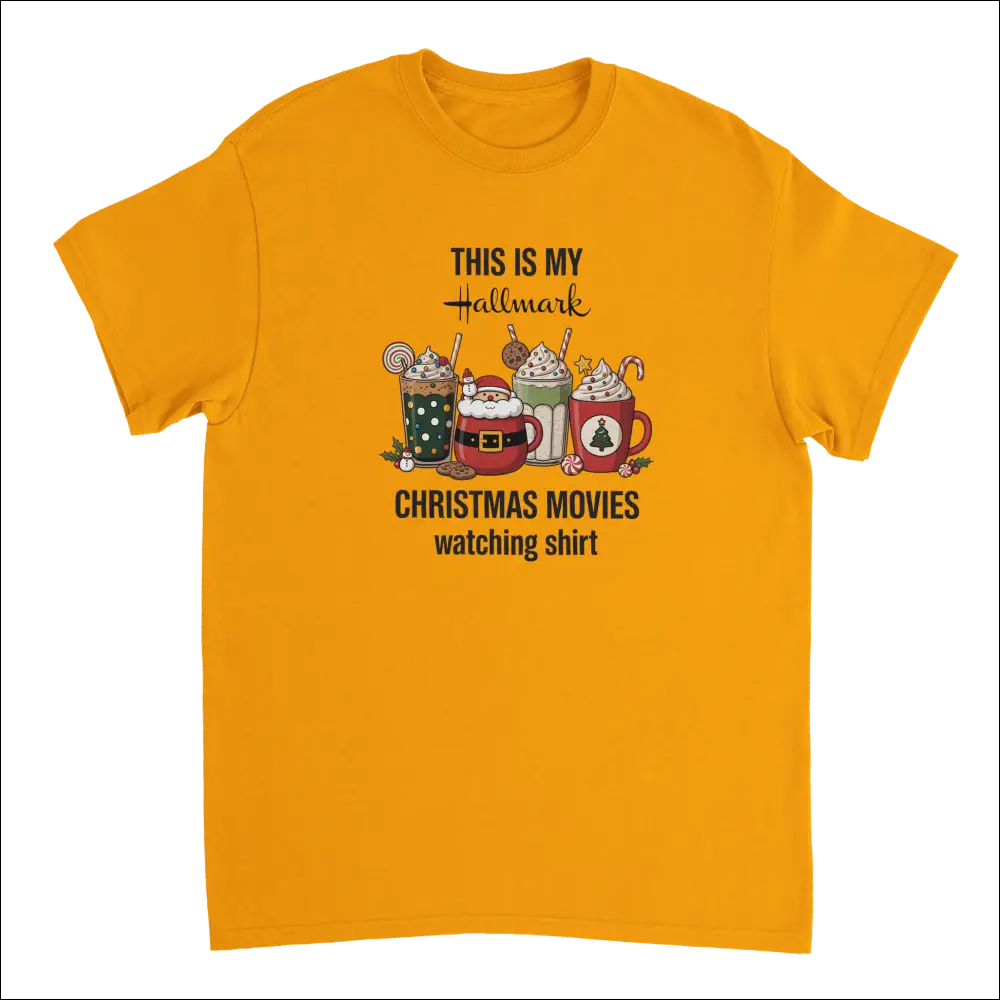 Vibrant yellow Hallmark Christmas movies t-shirt with festive drinks graphic