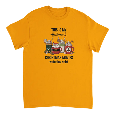 Vibrant yellow Hallmark Christmas movies t-shirt with festive drinks graphic